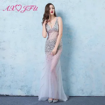 

AXJFU Sexy v neck beading crystal evening dress nightclub lace screen collar perspective costume stage performance evening dress