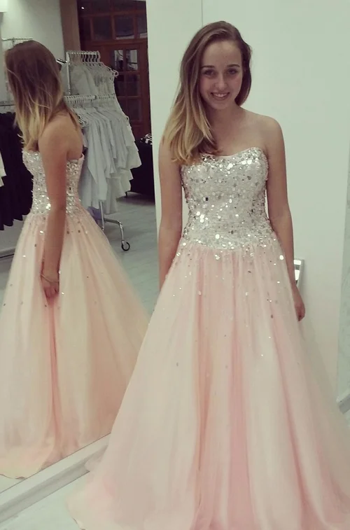 Strapless Shinning Long Prom Dresses Pink Lace Up Dresses