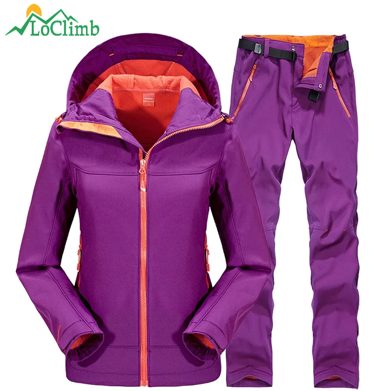 LoClimb Waterproof Softshell Ski Jacket Men Women Winter Fleece Outdoor Sports Pants Trekking Fishing Hiking Jackets Suit AM092