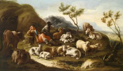 Terkejut Minyak Lukisan Tidur Anjing Gembala Dengan Domba Sapi
