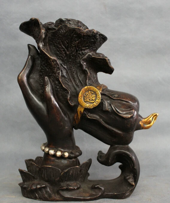 

S2976 9" China Bronze Buddhist Lotus Kwan-yin GuanYin Buddha Hand Hold Cabbage Statue D0318