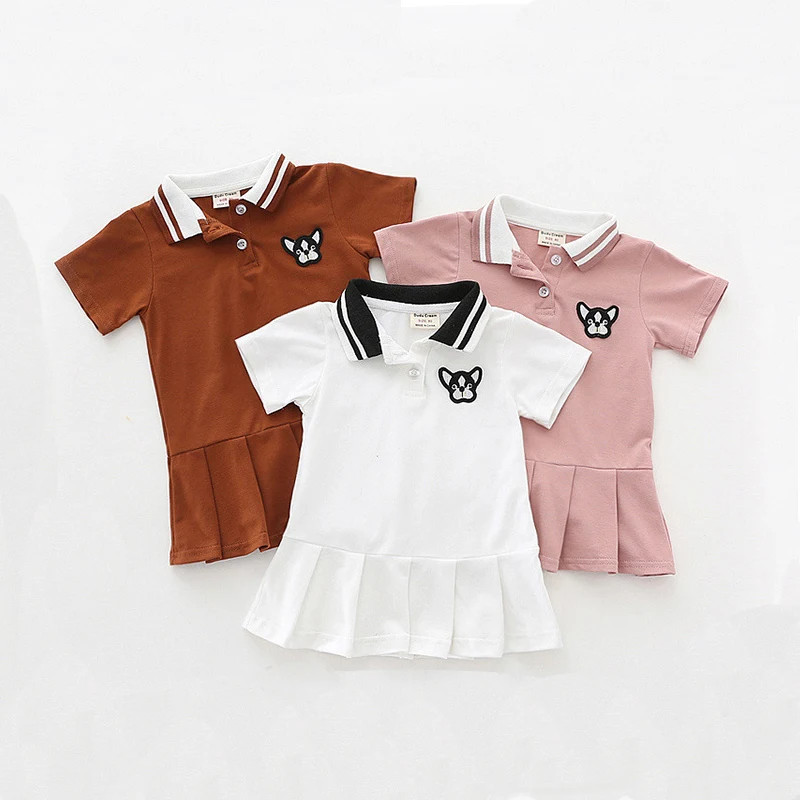 

ideacherry Girls Pleated Dress Baby Kids Summer New Embroidered Lapel Short Sleeve Dress Children's Cotton Clothing for 1-5 Year