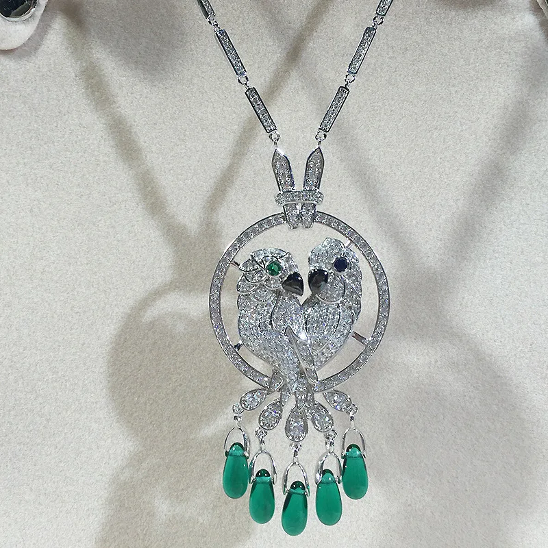 

Designer Fashion Copper Jewelry 3A Cubic Zirconia double Parrot Necklace famous brand green water party dinner banquet jewelry