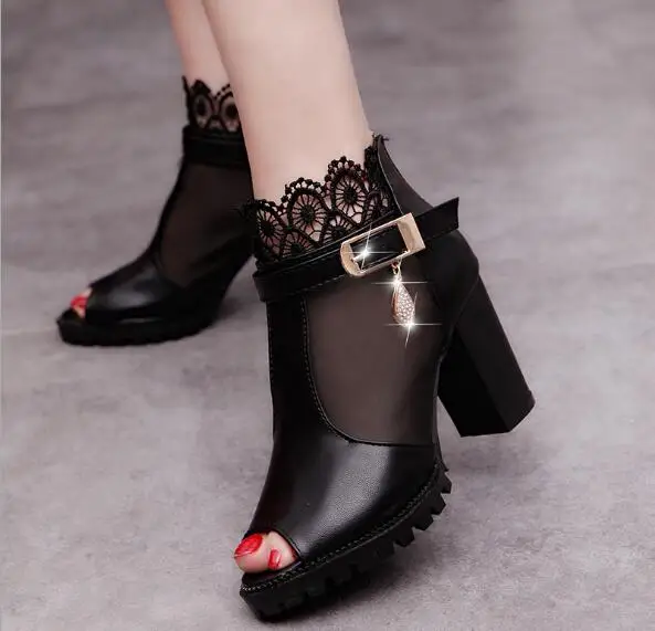 New work shoes Fish mouth lace women's sandals solid color mesh thick with high heel free shipping | Безопасность и защита