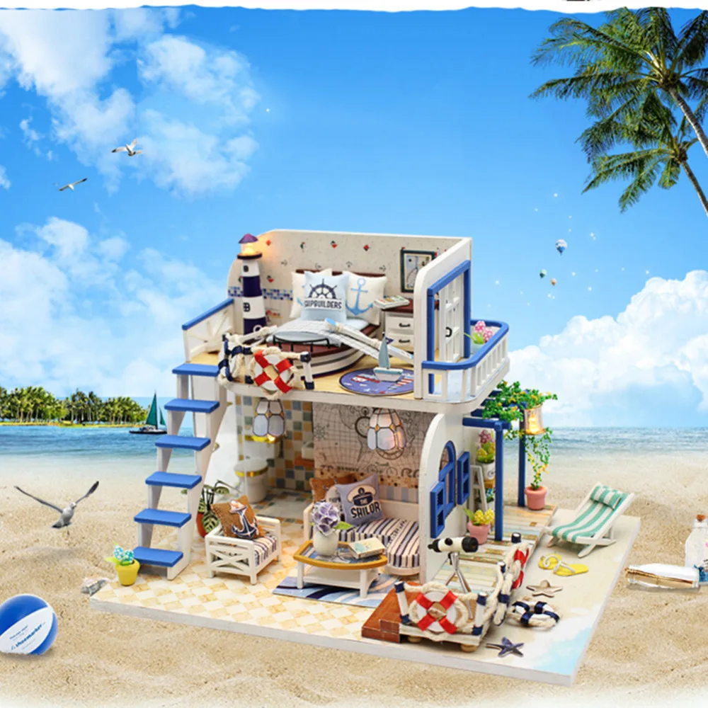 

DIY Doll House Light Blue Coast Without Dust-proof Cover Furniture Diy Miniature Dust Cover 3D Wooden Miniaturas Dollhouse Toys