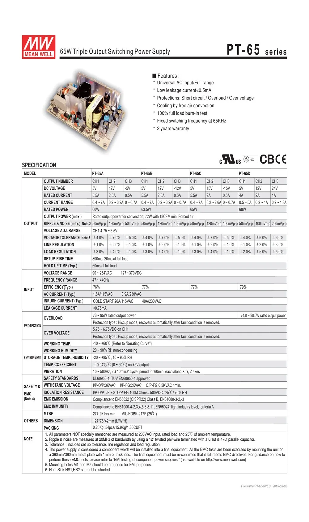 Бренд MEAN WELL представляет PT-65C 65 Вт тройной выход 5V 15 V-15 V Переключая Питание открытого типа кадра PT-65