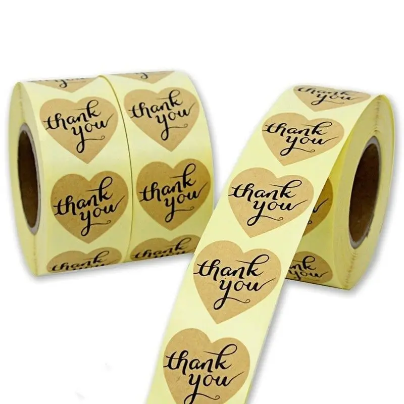 500 Спасибо наклейки свадебные наклейки упаковочная бумага ручной работы коричневые в форме сердца печати DIY ремесло " Lables handletting