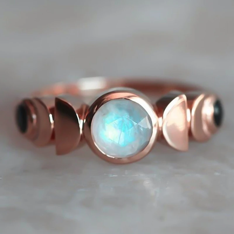 

Moon Phase Ring Moon Cycle Ring Ladies Imitate Moonstone Crystal Ring Retro Silver Color Celestial Jewelry