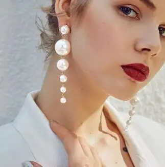 

Trendy Elegant Created Big Simulated Pearl Long Earrings Pearls String Statement Drop Earrings For Wedding Party Gift