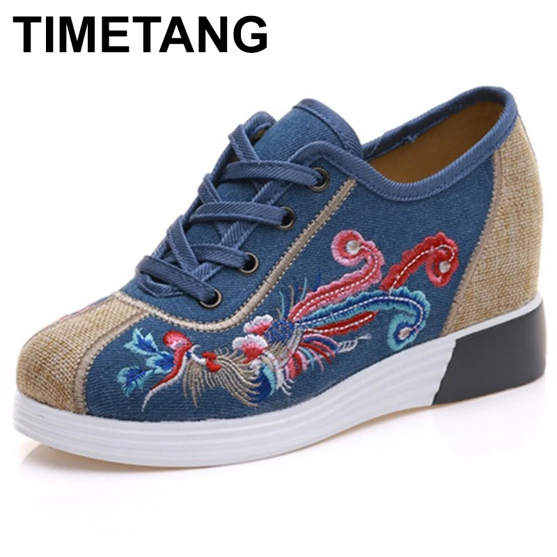 

TIMETANG Autumn New Women Shoes Canvas Phoenix Embroidery Lace Up Casual Flats Cloth Platforms Shoes Woman Sapato Feminino E349