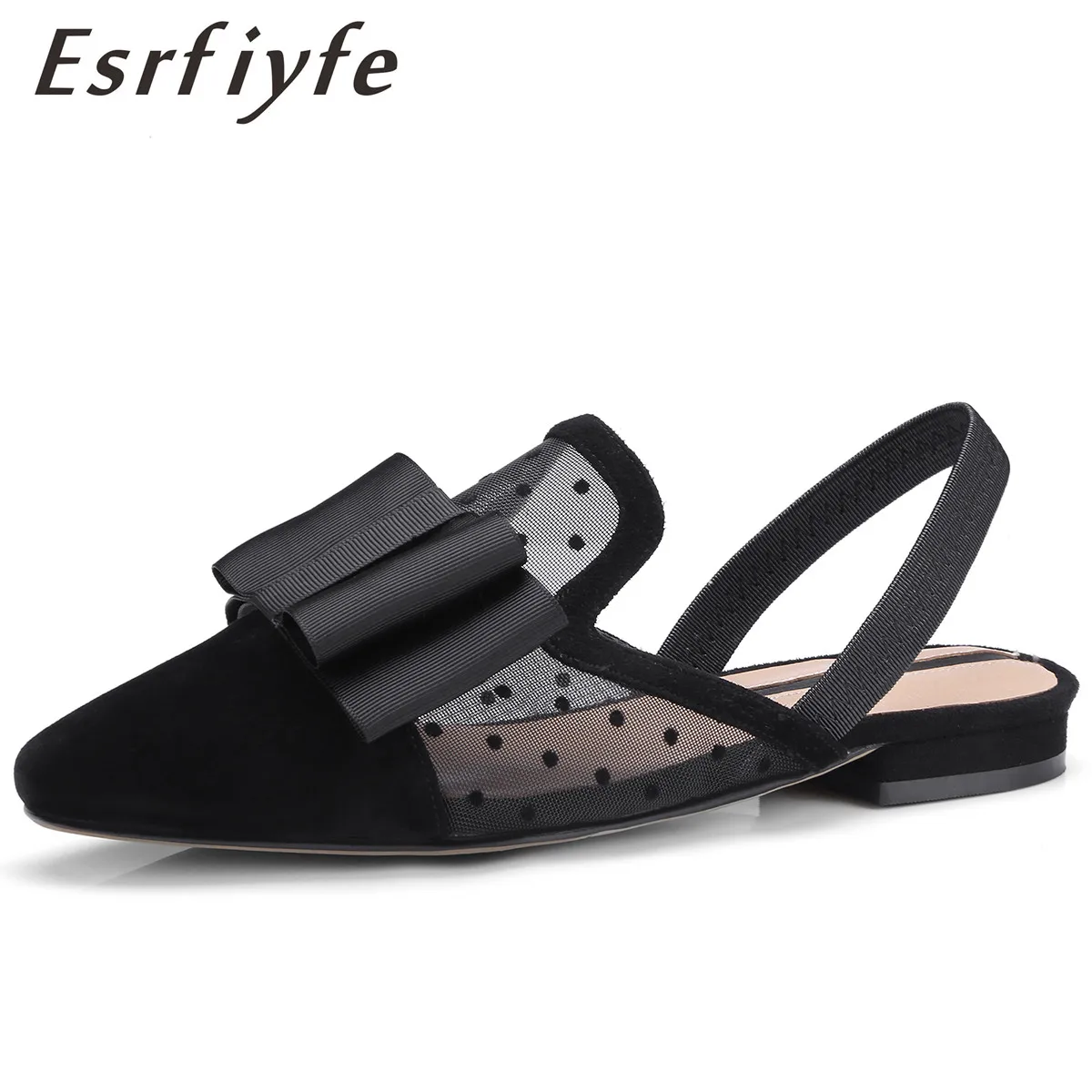 

ESRFIYFE Chaussures Femme Ete 2020 Slipper Kid Suede and Net Yarn Polka Dot Pointed Toe Square Heels Shoes Fashion Bowknot Shoes