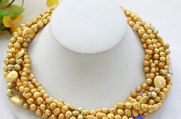 

Jewelr 005986 5row yellow baroque rice coin freshwater pearl design necklace