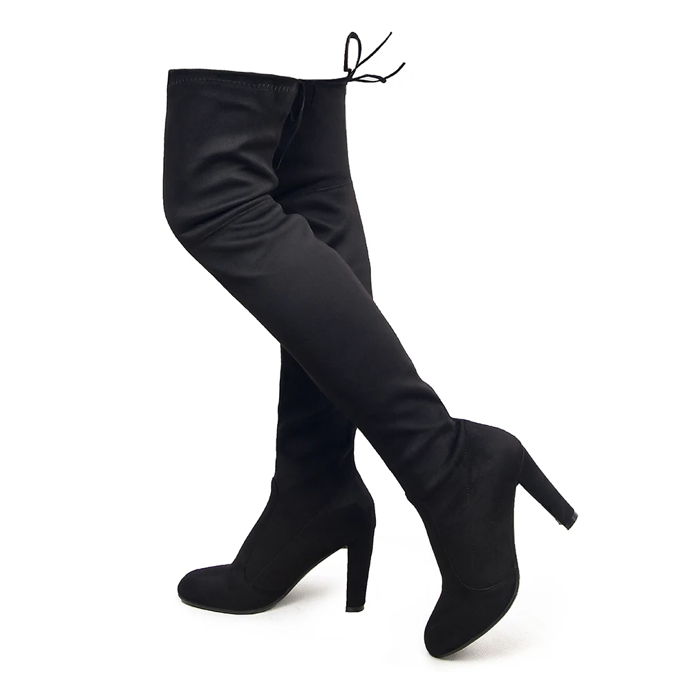 ESRFIYFE/Новинка; высокие сапоги до бедра; женские Сапоги выше колена; удобные сапоги из флока; сезон осень-зима; модная обувь; женская обувь; цвет черный, темно-серый, винный - Цвет: Черный