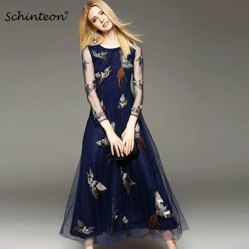 

Top Quality 2018 Women Spring/Autumn Embroidery Layered Tulle Elegant Long Dress Long Sleeves Runway Dresses Navy Blue