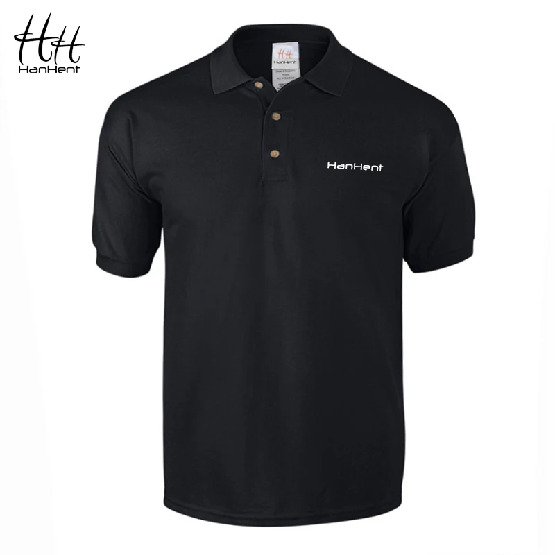 HanHent Мужская рубашка поло с вышитым логотипом, хлопок, деловая Повседневная рубашка, Офисная рубашка с коротким рукавом, одноцветная брендовая рубашка поло - Цвет: Black