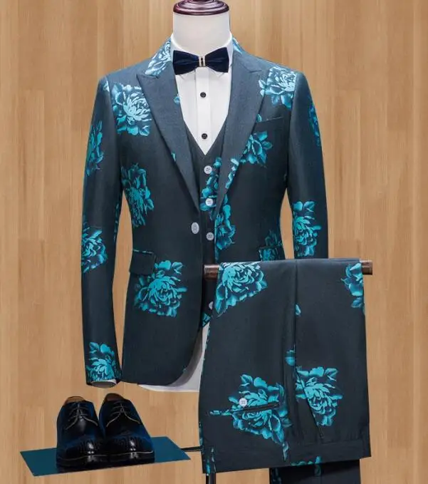 Приталенный мужской костюм на выпускной с отворотом и штанами, лучшие мужские свадебные костюмы из жаккарда с цветочным принтом для мужчин, 3 предмета(пиджак+ жилет+ брюки - Цвет: Same as picture