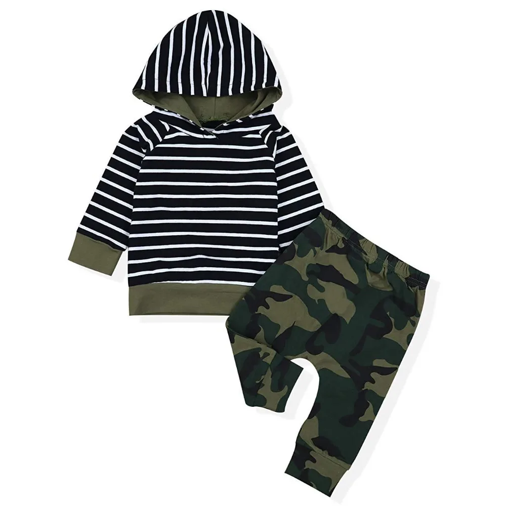 Oklady Toddler Infant Baby Boy Clothes Camouflage Print Long Sleeve Stripe Hoodie Tops Sweatsuit Pants 2 Pcs Outfit Set