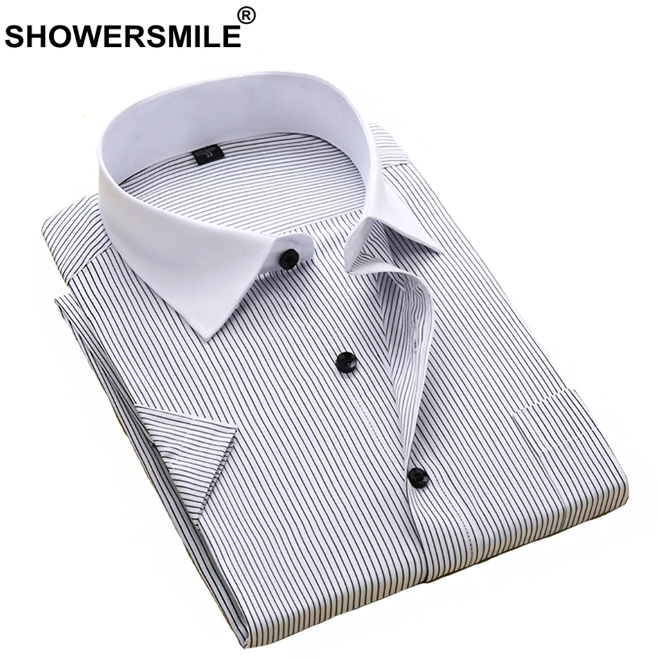 

SHOWERSMILE Men's Striped Dress Shirt Short Sleeve Grey Shirt Formal Short Sleeve Summer Plus Size Cotton Social Shirts Male