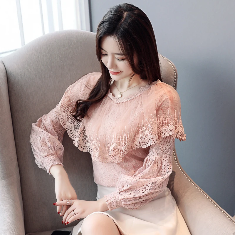 

Long Sleeve 2019 New Lace Ruffle V-Colla Blouses Shirt Spring Autumn Women's Tops Lace White Pink Chiffon Blouse O-Neck 811i5