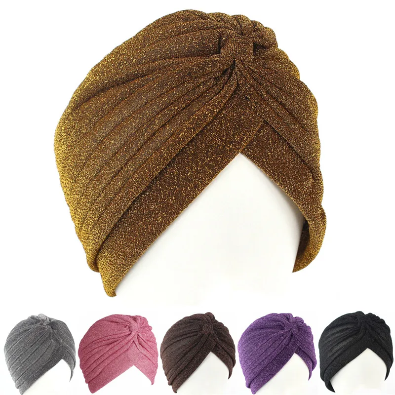 Горячая распродажа, золотая яркая шелковая шапка, мусульманская шапка-тюрбан, женская эластичная мягкая шапка-тюрбан в индийском стиле, шапка-тюрбан для взрослых, повязка на голову, банданы