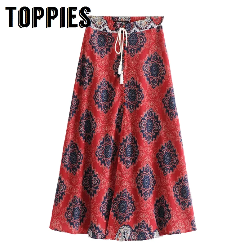 

2019 Summer Printing Long Skirt Drawstring High Waist Vacation Folk Skirt Side Split Sexy Faldas