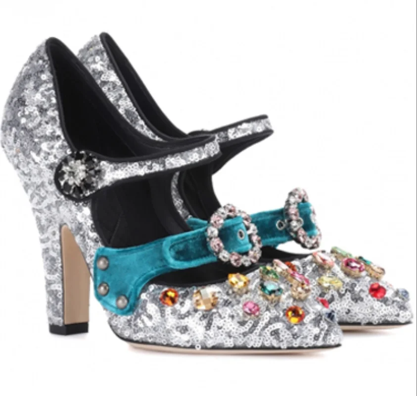 

Women Pointed Toe Velvet Sequins Bling Diamond Rhinestones Block High Heel Rivet Studs Genuine Leather Shoes Pumps Luxury Silver