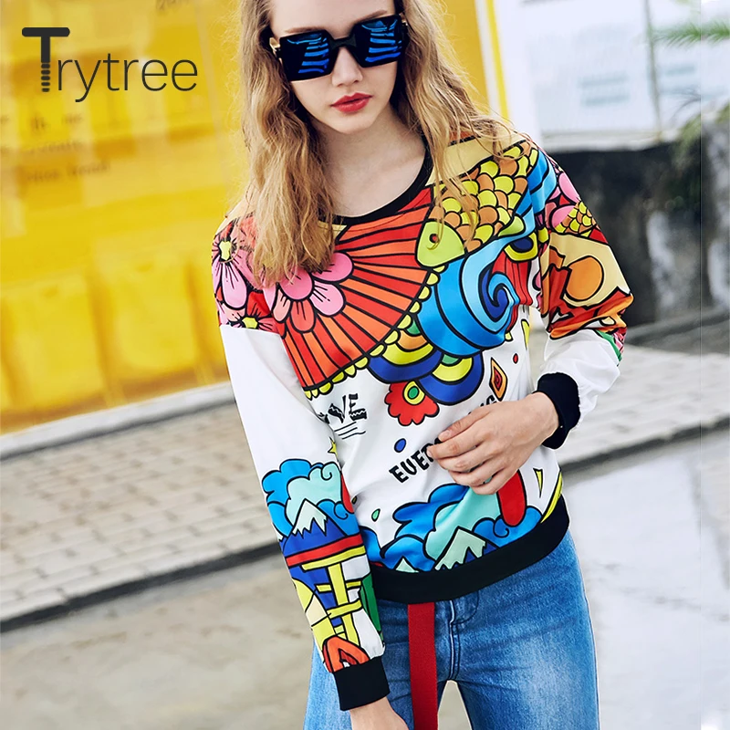 Trytree лето осень женские свитшоты уличная Цветочная полиэфирная с О-образным вырезом пуловеры полный рукав повседневные топы с грутом свитшоты