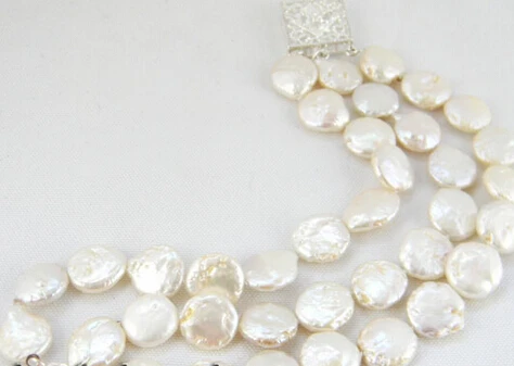 

free shipping 01417 3strands white coin freshwater pearl Bracelet