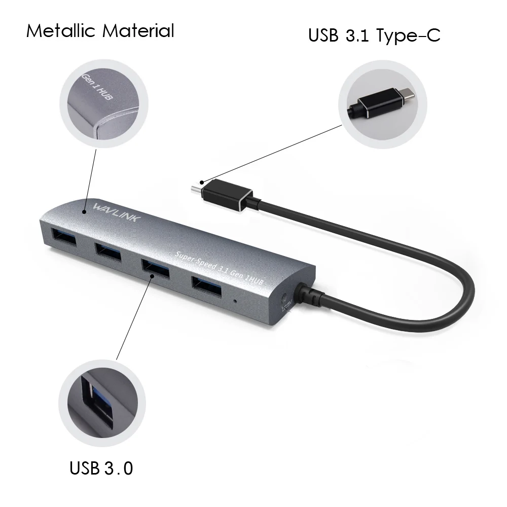 Wavlink алюминиевый USB 3,0 концентратор 4 порта type C адаптер с USB C женский зарядный порт для MacBook Pro ChromeBook Pixel Windows серый