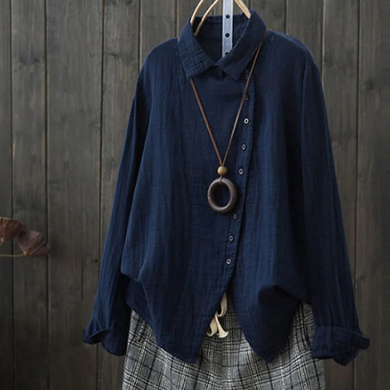 Linen Cotton Long Sleeve Large Women Blouses Plus Size 4XL Irregular Turn Down Collar Buttons Women Shirts 2019 Summer Lady Tops