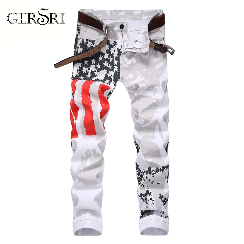 Gersri мужские повседневные американский флаг, США печатные джинсы для мужчин s граффити печати белые хип-хоп модные брюки Slim Fit брюки для мужчин