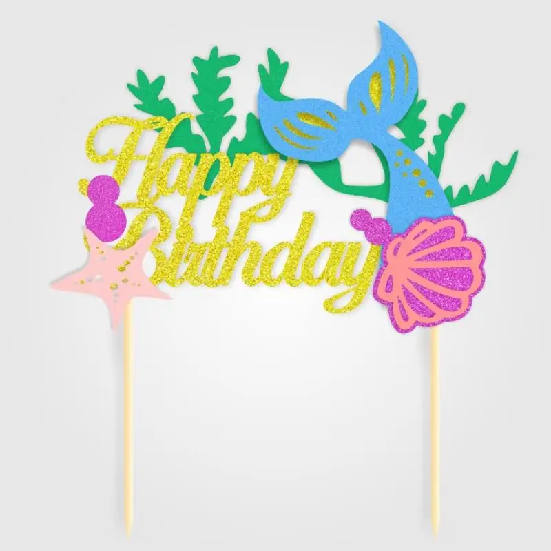 

2 Pcs/lot Hot sale Starfish Mermaid Happy birthday Cake Toppers Cupcake Decor Baby Shower DIY Birthday party Decor lovely gift