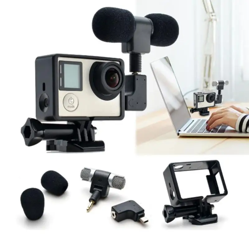 Комплект внешней камеры Hi-Fi мини микрофон+ адаптер+ рамка Корпус чехол+ винт+ Гибкая база+ крышка микрофона для GoPro Hero