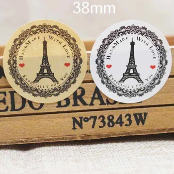 

100pcs 38mm round handmade with love seal labels printed Eiffel Tower design seal sticker labels for gifts/candy/cookies/bakery