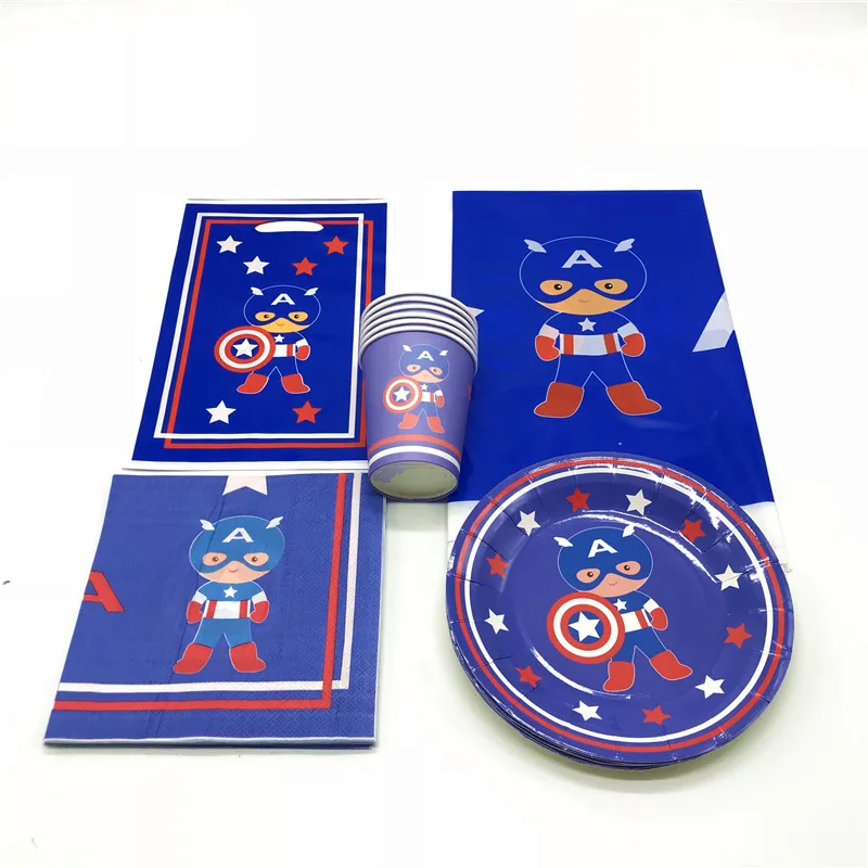 

Captain America Theme Design 47pcs Disposable Paper Cup Plate Napkin Boy Birthday Party Gift Bag Tablecover Decoration Supply