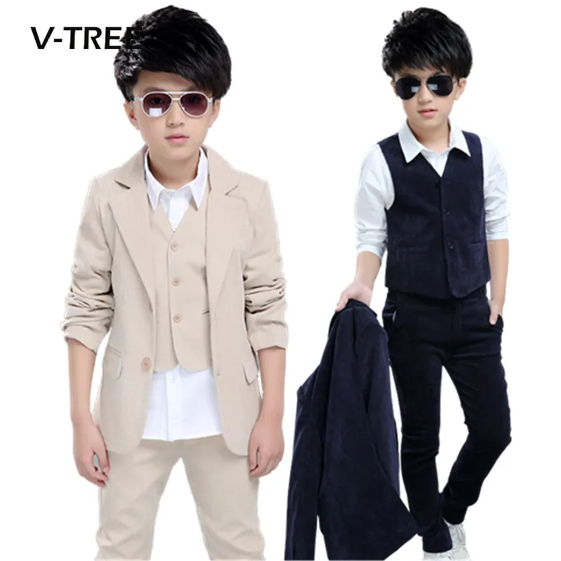 Juinor boys clothing sets boys striped vest+pant+coat suits formal