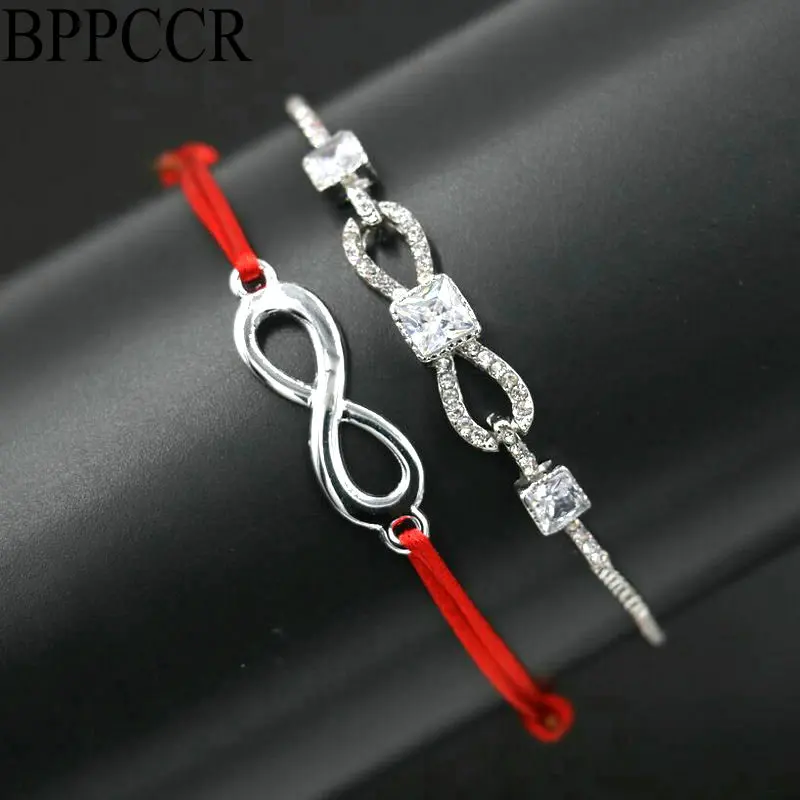 

BPPCCR 2pcs/set Silver Lucky Digital 8 Infinity Red String Rope Thread Braid Bracelets Crystal CZ Women Lovers Pulseira Jewelry