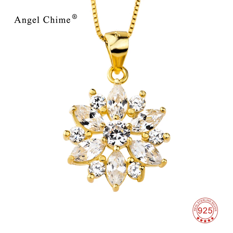 Crystal Gold Flower 925 Sterling Silver Pendant Necklace AAA Cubic