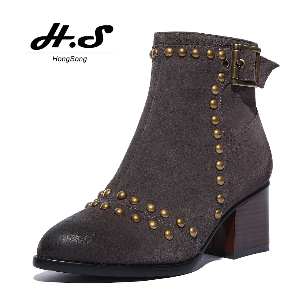 Nubuck Genuine Leather Buckle Rivets Women Boots Vintage Pointed Toe Ankle Chunky Heels Spring Winter Shoes Woman Big Size | Обувь