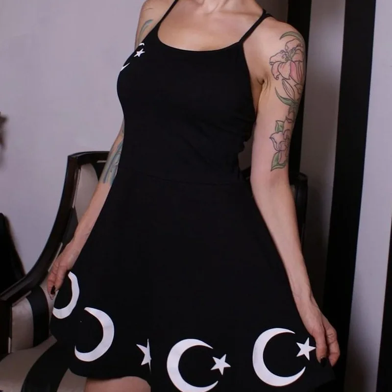 

Gothic Style Skater Dress Moon and Star Black Short Pleated Dress Girls Kawaii Dress Low Cut with Spaghetti Strap Open Back