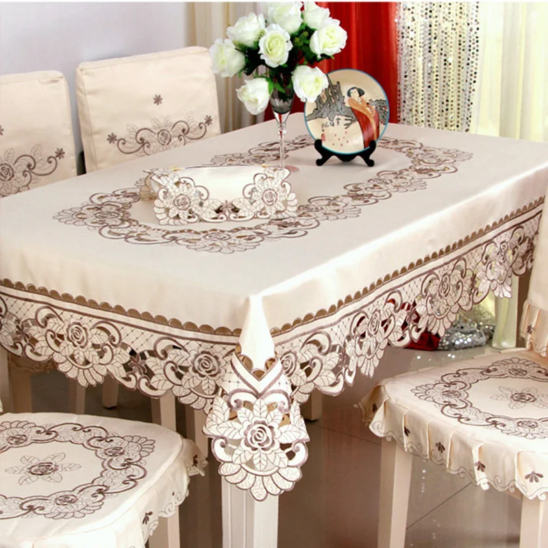  Satin Fabric Tablecloth Rectangle Elegant Hollow Embroidered Floral Thick Table cloth Wedding Party