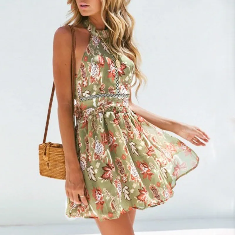 

Paris girl Bohemian floral print women dress Elastic high waist sexy summer dress Elegant backless bow tie chiffon mini dress