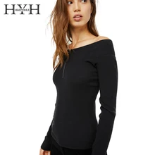 HYH HAOYIHUI Woman Slim black fashion sexy a word collar zipper sweater long sleeve New Year party reunion sweater a ghostly reunion