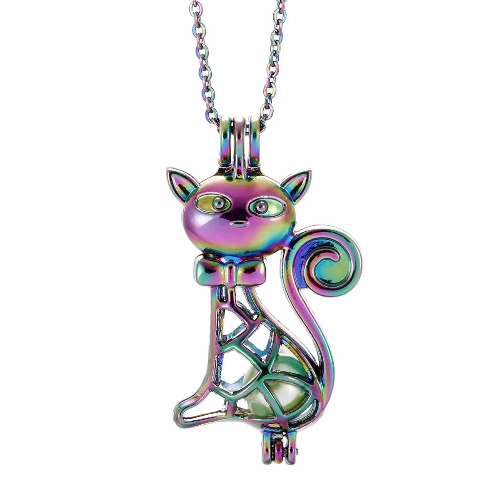 

1pc Rainbow Color Cat Oyster Pearl Cage Necklace Beads Cage Essential Oil Diffuser Locket Pendant Necklace Jewelry