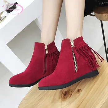 

European street style comfortable round head ankle boots fashion zipper tassel increasing high heel motorcycle boots women's sho