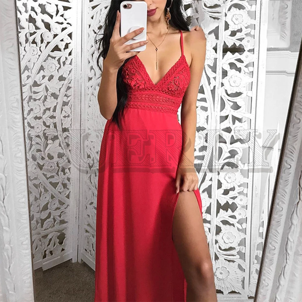 

CUERLY Sexy strap hollow out lace women dress Fashion lacer backless summer dress women Casual side split elastic long dress