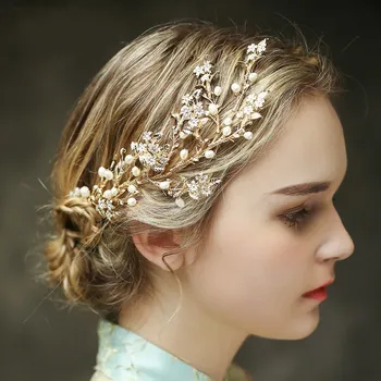 

Gold Exquisite Flower Pearl Wedding Hair Vine Bridal Accessories Headband Vintage Women Headpiece Hair Jewelry