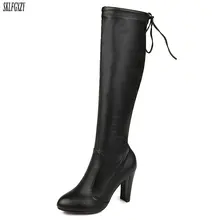 Г. новые осенние женские сапоги на каблуке сапоги до колена Европейская модная обувь с лентой размеры 34-43
