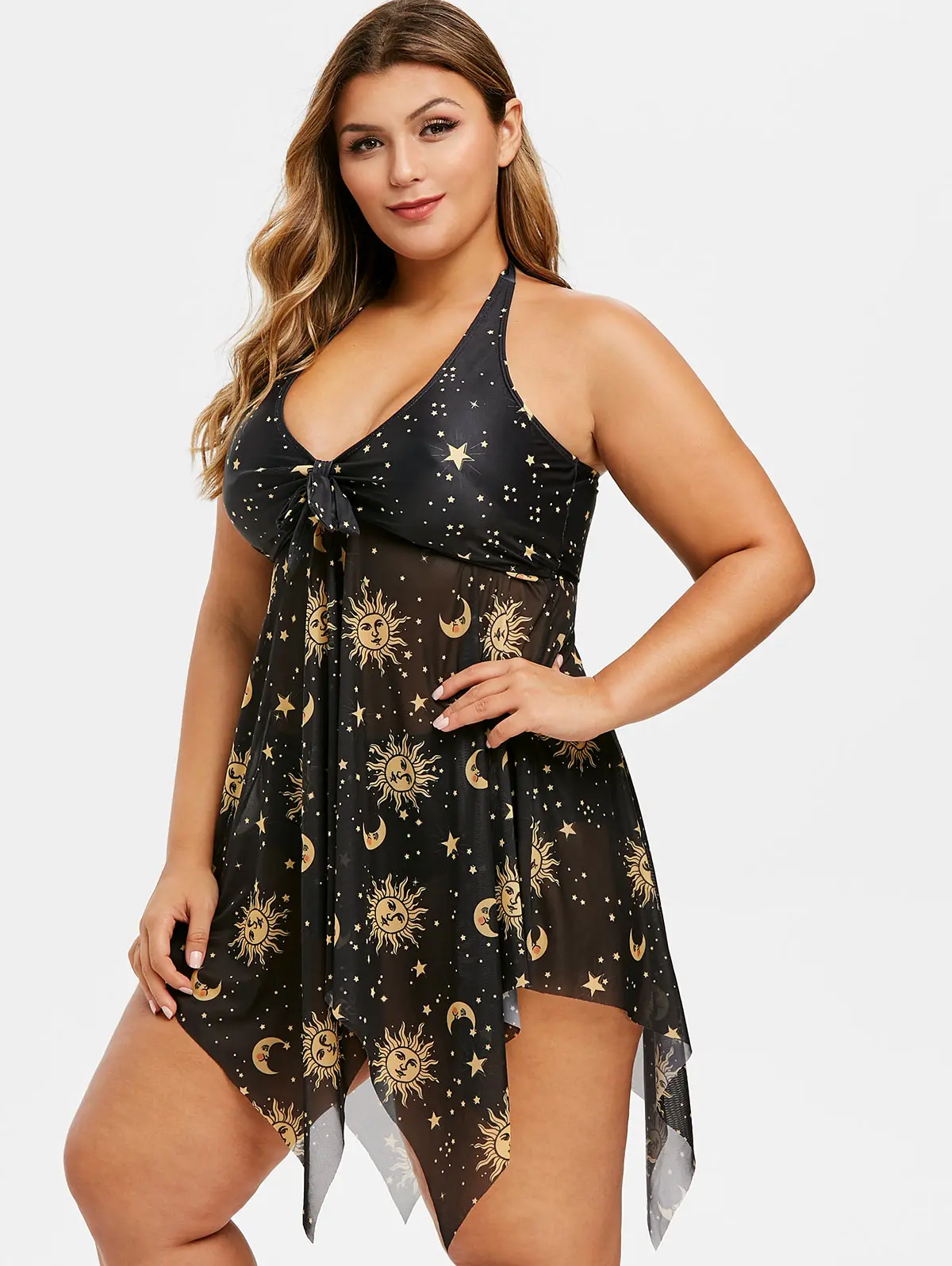 

Wipalo Bikini Plus Size Handkerchief Halter Starry Sky Tankini Set Summer Wire Free Padded Swimsuits Backless Beach Bathing Suit