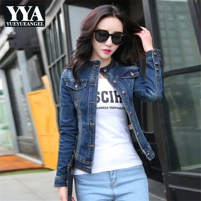 

2019 New Arrival Fashion Womens Short Jackets Female Stand Collar Single Breasted Slim Fit Coats Vintage Jean Denim Plus Size